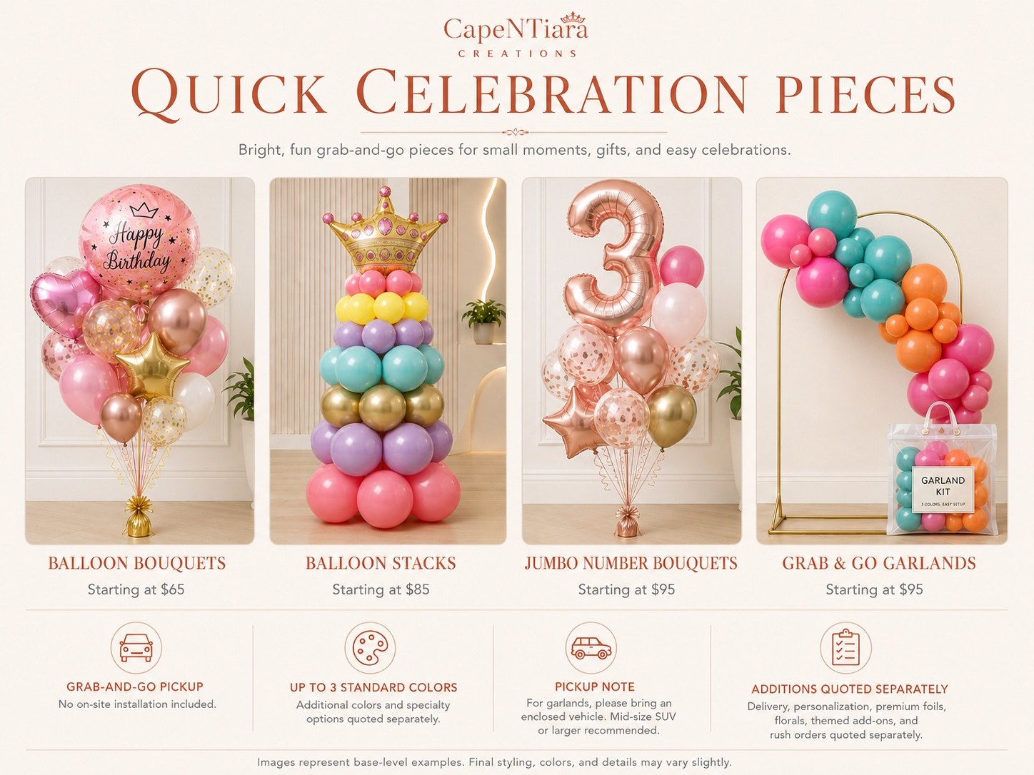 Quick Celebration Pieces menu card showing balloon bouquets, balloon stacks, jumbo number bouquets, and grab-and-go garlands