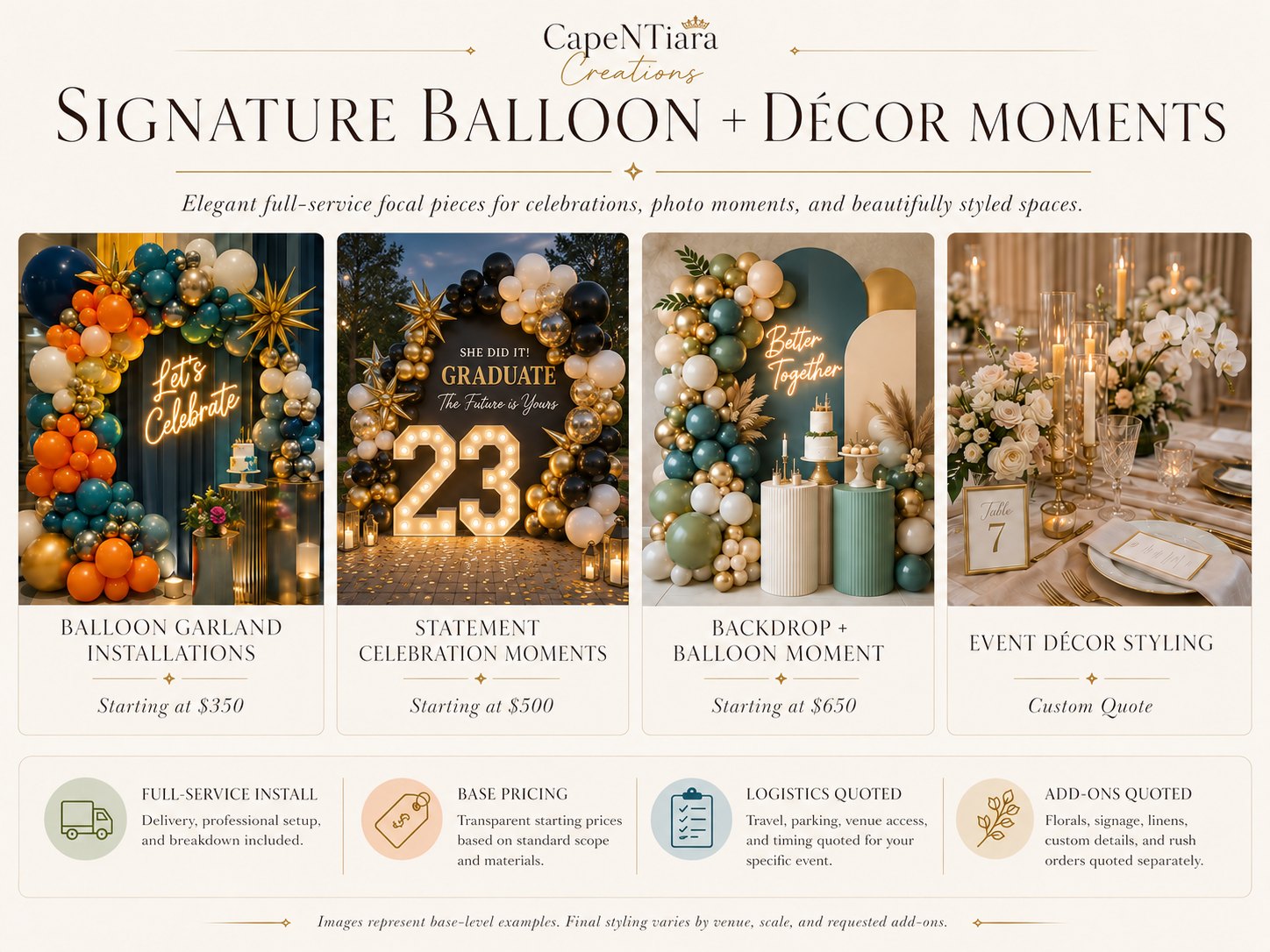 Signature Balloon and Décor Moments menu card showing balloon garlands, statement celebration moments, backdrop balloon moments, and event décor styling