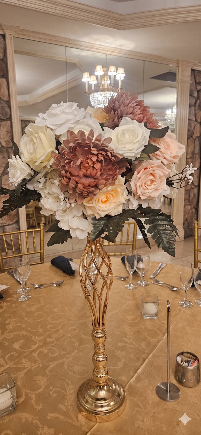 Elevated Blush Floral Centerpiece on Gold Stand by CapeNTiara Creations